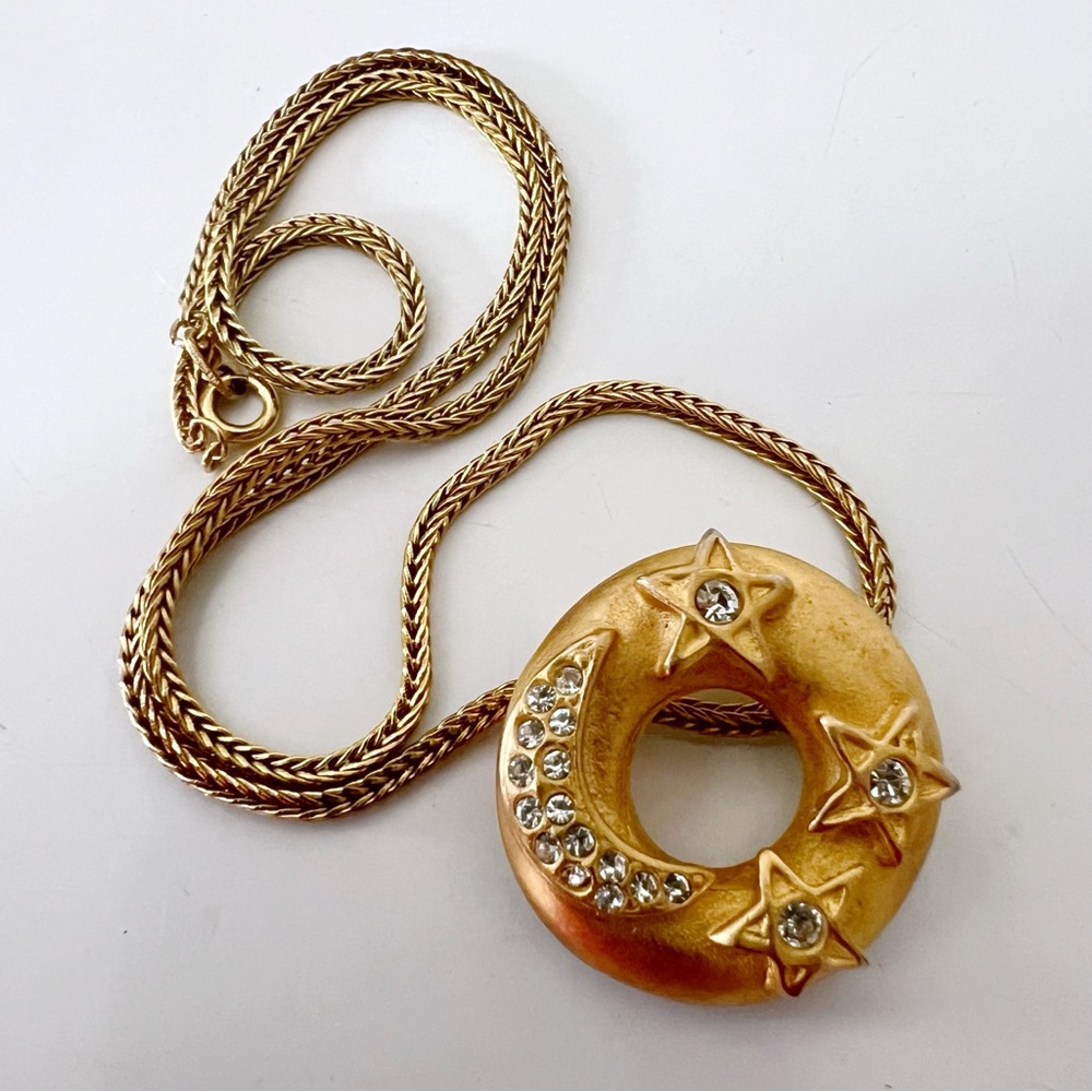 Vintage Celestial Moon and Stars Donut Pendant Necklace on Chain Made in USA